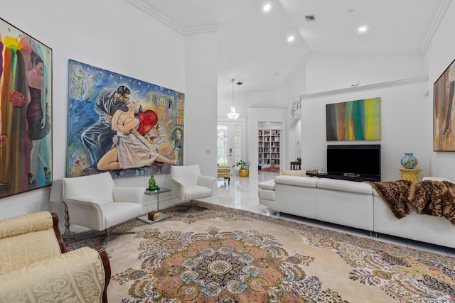 10056 Lexington Cir N, Boynton Beach, FL 33436 - living room featuring crown molding, high vaulted ceiling, recessed lighting, and visible vents