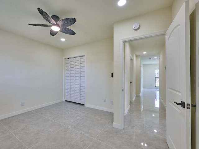unfurnished bedroom featuring recessed lighting, baseboards, and ceiling fan