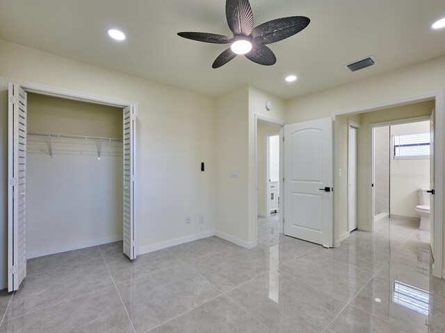 unfurnished bedroom with recessed lighting, visible vents, and a closet