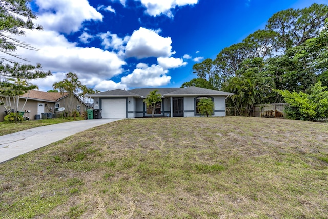 single story home with fence, a front lawn, a garage, stucco siding, and driveway
