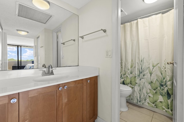 full bath featuring tile patterned flooring, vanity, toilet, a shower with shower curtain, and visible vents