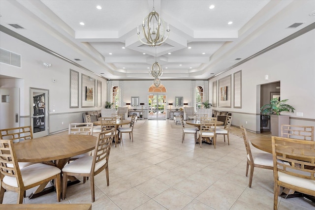 6616 NW 56th Dr, Coral Springs, FL 33067 - dining room with a high ceiling, coffered ceiling, beam ceiling, light tile patterned floors, and recessed lighting