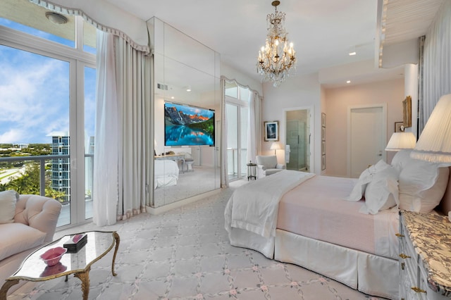 20155 Boca W Dr Unit Phc902, Boca Raton, FL 33434 - bedroom with a chandelier, access to exterior, and tile patterned floors