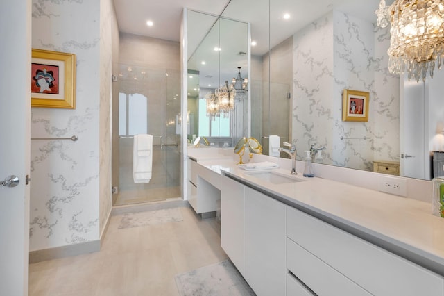 20155 Boca W Dr Unit Phc902, Boca Raton, FL 33434 - bathroom featuring a chandelier, a shower stall, vanity, recessed lighting, and wallpapered walls