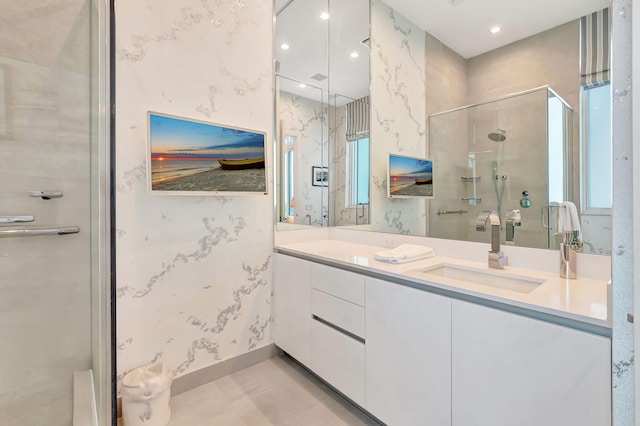 20155 Boca W Dr Unit Phc902, Boca Raton, FL 33434 - full bath featuring a shower stall, double vanity, recessed lighting, and wallpapered walls