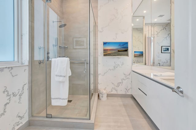 20155 Boca W Dr Unit Phc902, Boca Raton, FL 33434 - full bath featuring a shower stall, vanity, baseboards, recessed lighting, and wallpapered walls