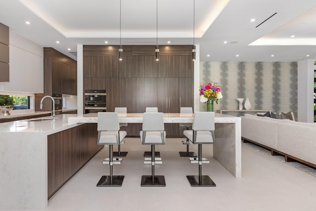 kitchen with modern cabinets, a sink, a raised ceiling, a breakfast bar, and a spacious island