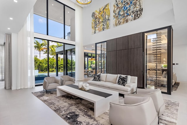 building lobby with a high ceiling and recessed lighting