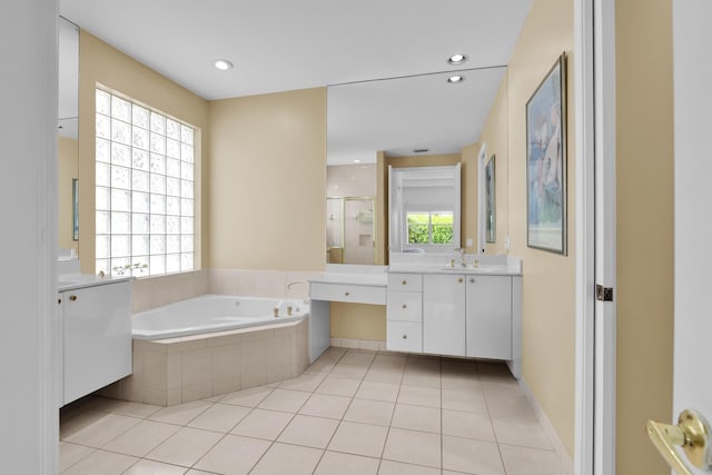 4132 NW 55th Pl, Boca Raton, FL 33496 - full bath with vanity, a garden tub, a stall shower, tile patterned flooring, and recessed lighting