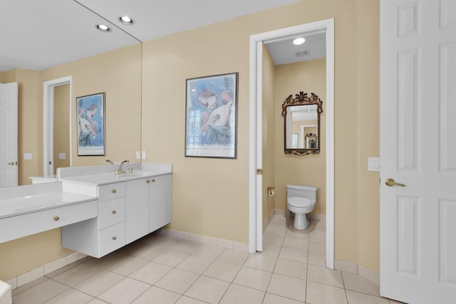 bathroom featuring visible vents, vanity, toilet, baseboards, and tile patterned floors