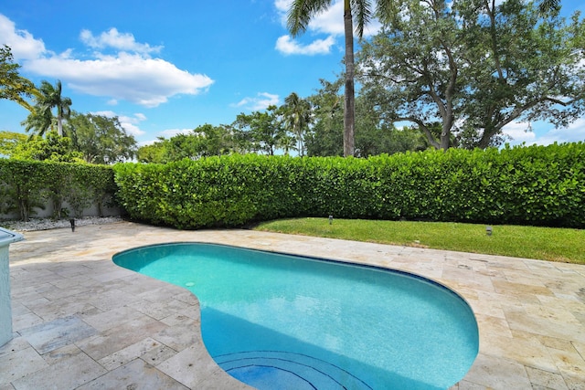 view of swimming pool with a fenced in pool and a patio