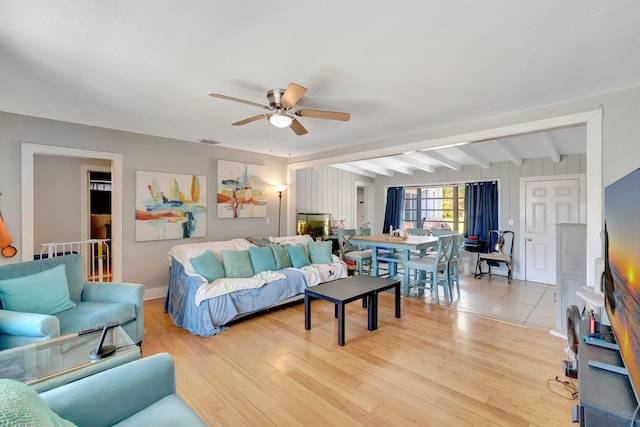 431 Virginia Dr, Lake Worth Beach, FL 33461 - living area with ceiling fan, beam ceiling, and light wood-type flooring