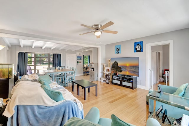 431 Virginia Dr, Lake Worth Beach, FL 33461 - living room with ceiling fan, light wood-style flooring, and beamed ceiling