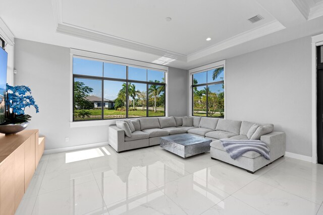 10715 Estuary Dr, Parkland, FL 33076 - living area with a raised ceiling, baseboards, visible vents, and marble finish floor