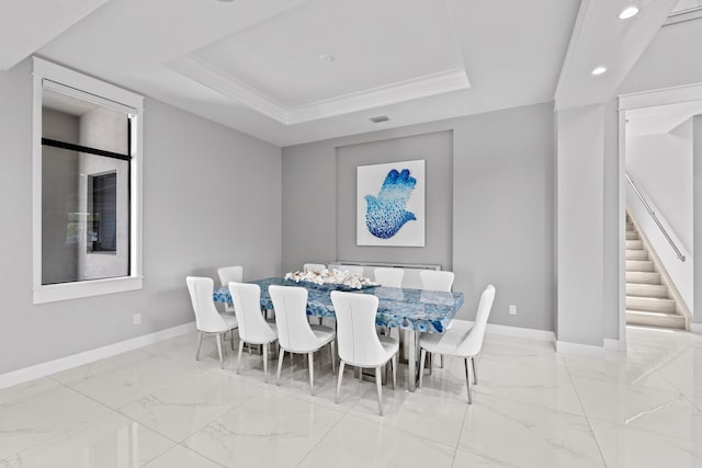 10715 Estuary Dr, Parkland, FL 33076 - dining room with stairway, baseboards, a tray ceiling, and marble finish floor