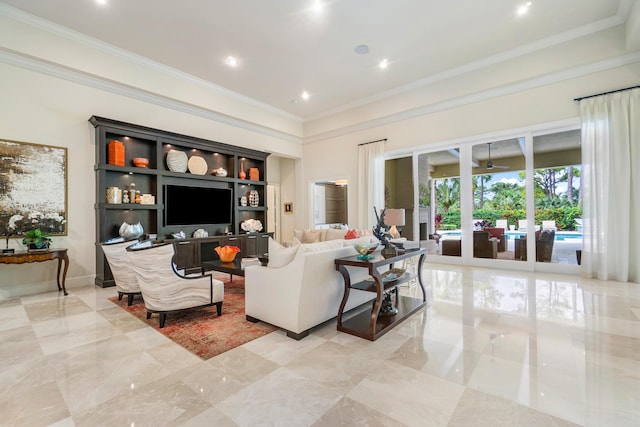 living area featuring ornamental molding and recessed lighting