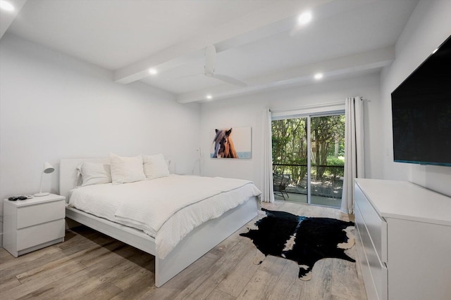 13334 Polo Club Rd Unit 234/235, Wellington, FL 33414 - bedroom featuring access to outside, beamed ceiling, recessed lighting, and light wood-style floors