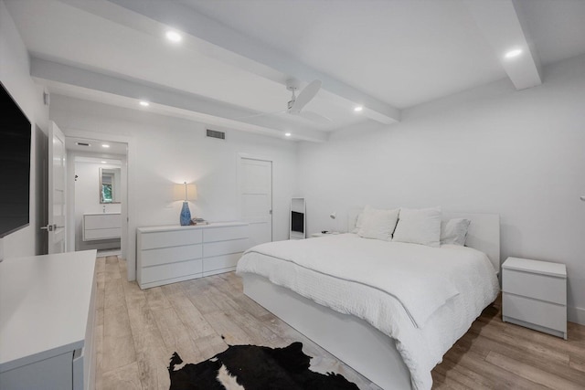 13334 Polo Club Rd Unit 234/235, Wellington, FL 33414 - bedroom featuring recessed lighting, beamed ceiling, a ceiling fan, and light wood-style flooring