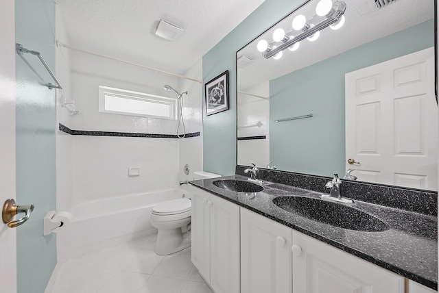 500 N Cypress Dr, Tequesta, FL 33469 - bathroom featuring toilet, shower / tub combination, double vanity, tile patterned flooring, and a textured ceiling