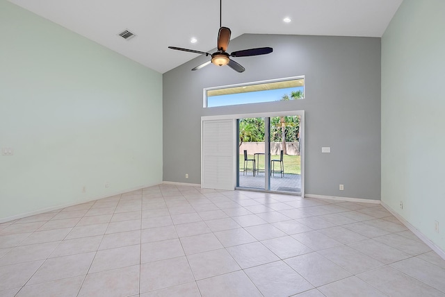 500 N Cypress Dr, Tequesta, FL 33469 - unfurnished room with high vaulted ceiling, a ceiling fan, light tile patterned floors, baseboards, and recessed lighting