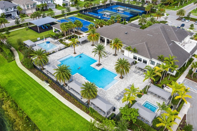 drone / aerial view of a pool area