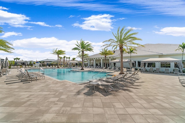 community pool with a patio area