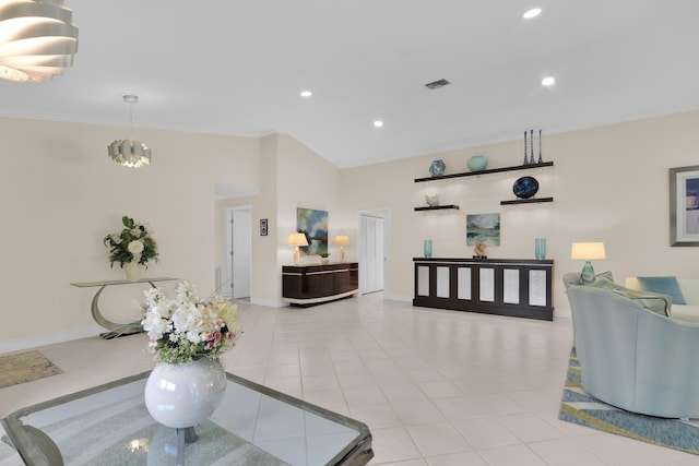 reception area with recessed lighting and ornamental molding