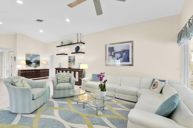 living area featuring ceiling fan, recessed lighting, and ornamental molding
