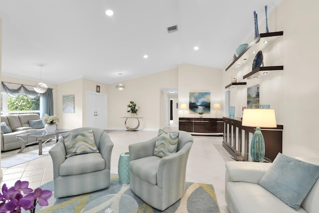 living room featuring tile patterned floors, vaulted ceiling, recessed lighting, and baseboards