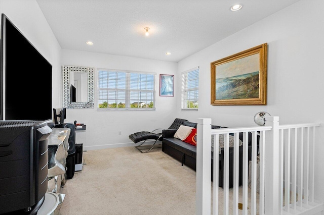 carpeted bedroom with baseboards and recessed lighting