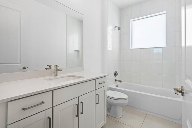 full bath featuring tile patterned flooring, shower / bathtub combination, toilet, and vanity
