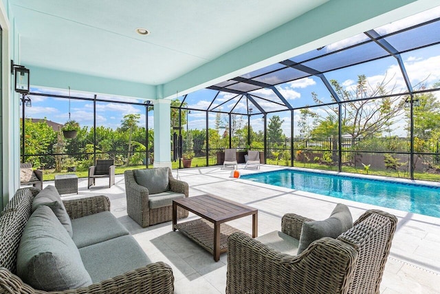 pool featuring an outdoor hangout area, a lanai, and a patio area