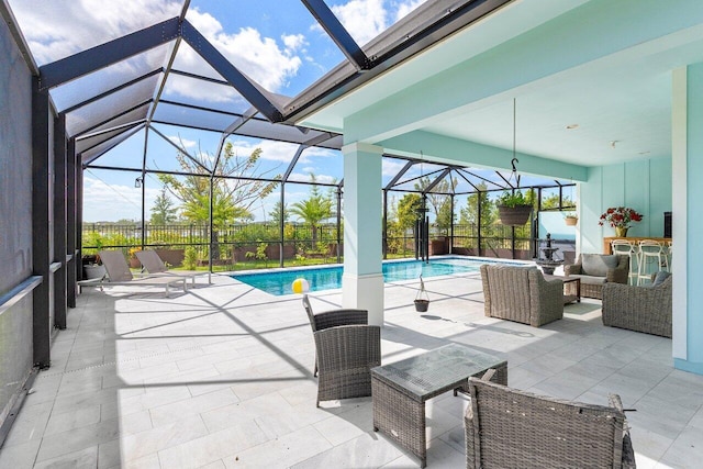 view of pool featuring a fenced in pool, glass enclosure, and a patio