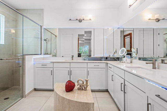full bathroom with vanity, tile patterned flooring, and a stall shower