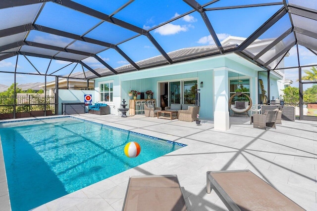 view of pool featuring a fenced in pool, a patio, an outdoor hangout area, and glass enclosure