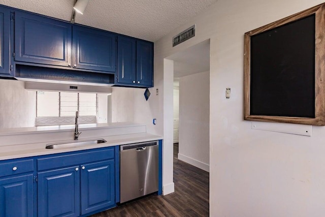 3710 Whitehall Dr Unit 304, West Palm Beach, FL 33401 - kitchen with dishwasher, a sink, blue cabinetry, dark wood-type flooring, and light countertops
