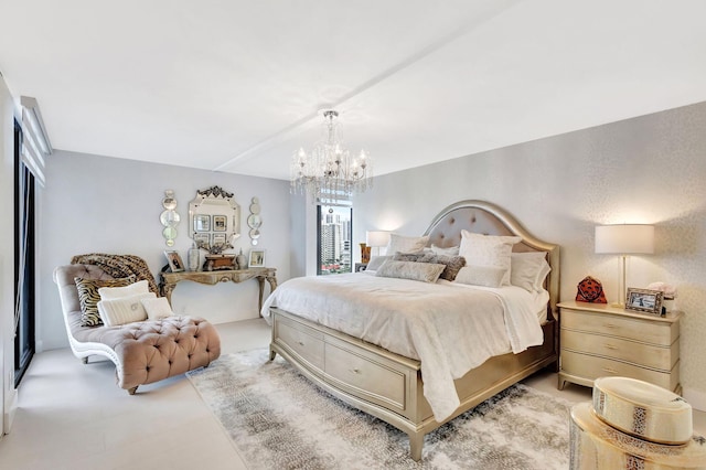 bedroom with an inviting chandelier