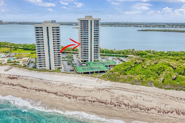 drone / aerial view with a water view