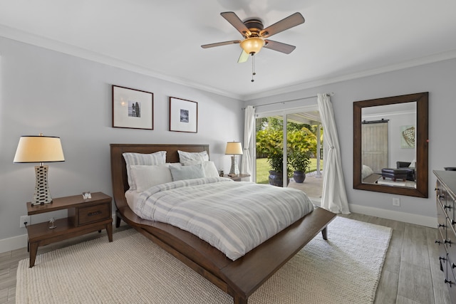 bedroom with access to outside, crown molding, light wood-type flooring, baseboards, and ceiling fan