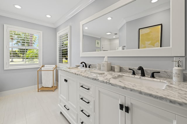 full bathroom featuring ornamental molding, recessed lighting, baseboards, double vanity, and tiled shower