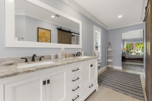 full bathroom with crown molding, plenty of natural light, ensuite bath, double vanity, and recessed lighting