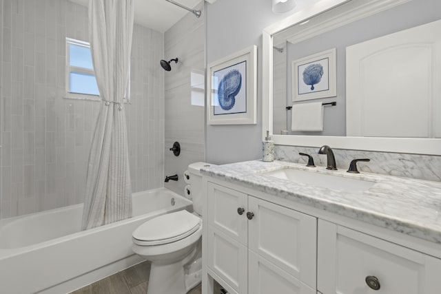 bathroom with toilet, shower / tub combo, vanity, and wood finished floors