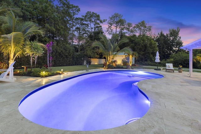 pool at dusk with a patio area and an outdoor pool