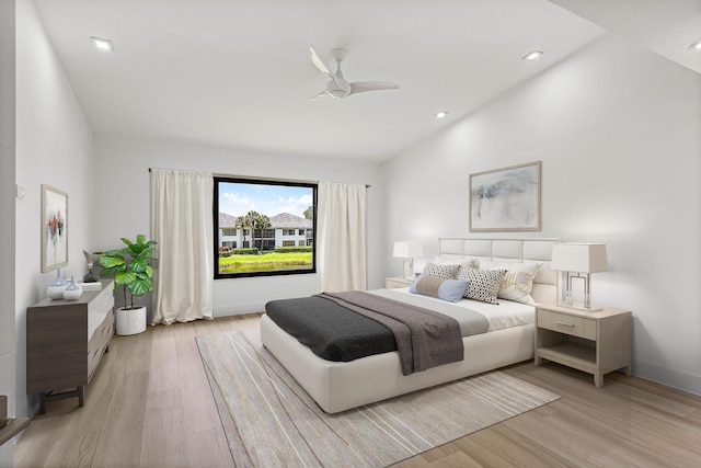 15687 Loch Maree Ln Unit 2404, Delray Beach, FL 33446 - bedroom with light wood-style flooring, ceiling fan, and lofted ceiling