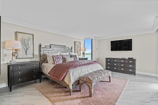 bedroom featuring crown molding, marble finish floor, and baseboards