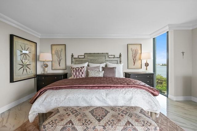 bedroom with baseboards, ornamental molding, and marble finish floor