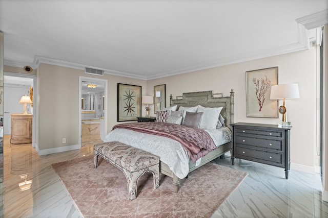 bedroom featuring baseboards, visible vents, ornamental molding, and ensuite bathroom