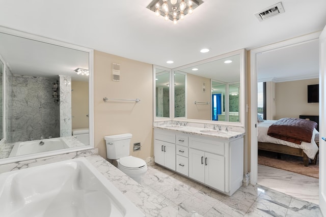 ensuite bathroom with toilet, recessed lighting, a bath, and visible vents