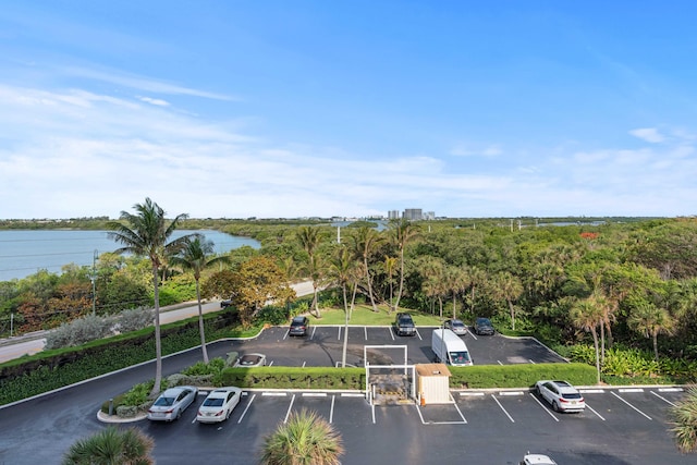 bird's eye view with a water view