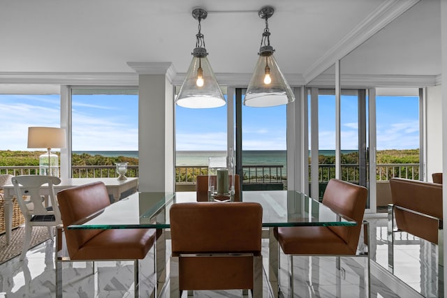 dining space with crown molding, a water view, and a healthy amount of sunlight
